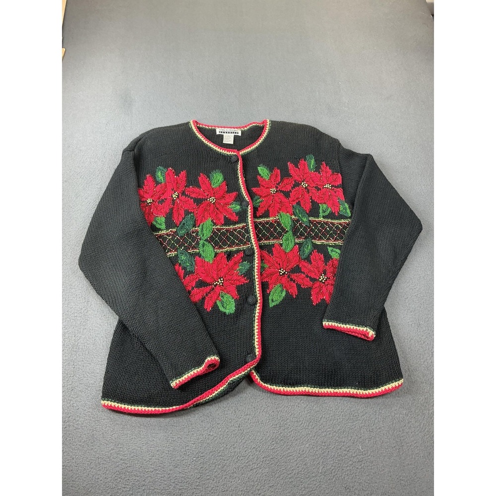 WORK IN PROGRESS CLASSICS Cardigan Womens M Black Embroidered Beaded Poinsettia